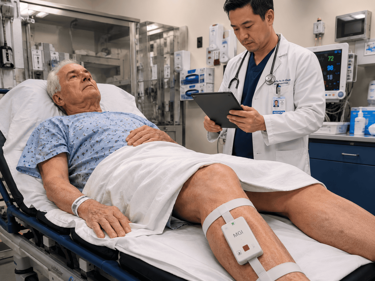 Clinician using a tablet beside a patient wearing the MGI Medical PFM System on the calf