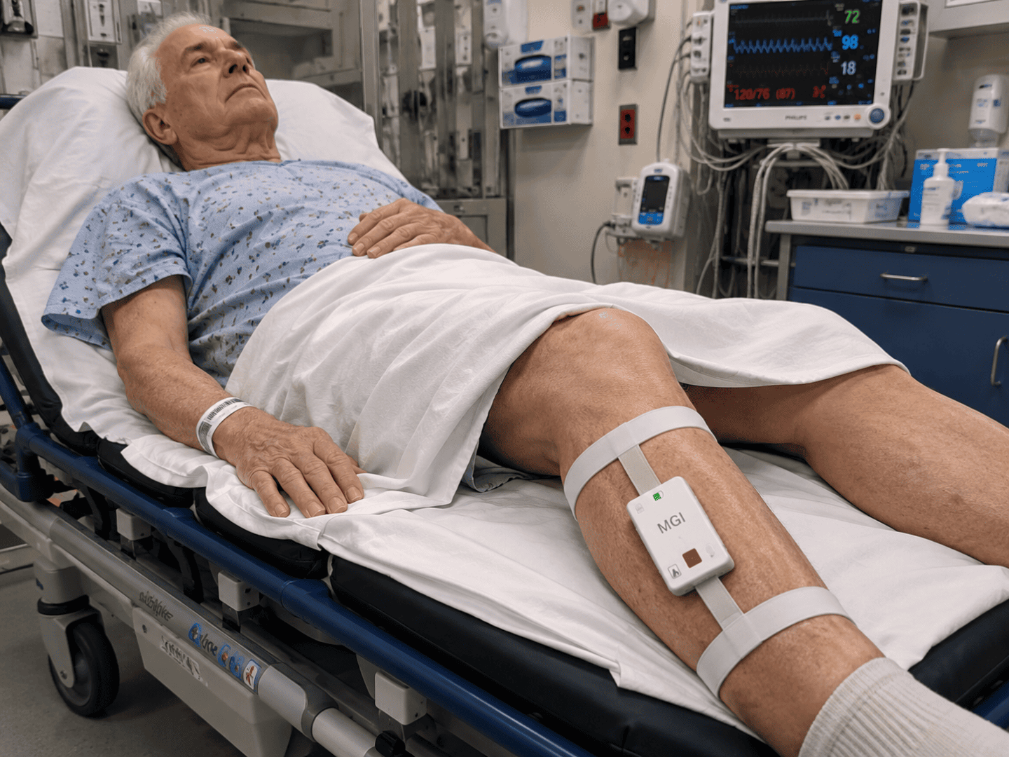 Patient wearing the MGI Medical PFM System on the calf in a hospital setting